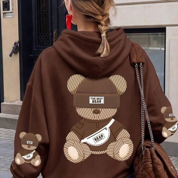 Elorivane Brown Bear Graphic Hooded Sweatshirt, Thermal Lined Pocket Long Sleeve Top, Casual Autumn Winter Women Wear for Outdoor Party