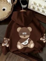 Elorivane Brown Bear Graphic Hooded Sweatshirt, Thermal Lined Pocket Long Sleeve Top, Casual Autumn Winter Women Wear for Outdoor Party - Image 3