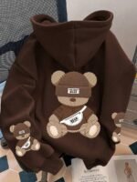 Elorivane Brown Bear Graphic Hooded Sweatshirt, Thermal Lined Pocket Long Sleeve Top, Casual Autumn Winter Women Wear for Outdoor Party - Image 2