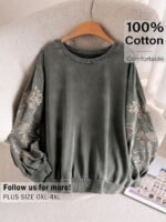 Elorivane Plus Size Floral Embroidery Sweatshirt, Crew Neck Long Sleeve Elegant Top, Spring Fall - Image 16