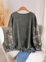 Elorivane Plus Size Floral Embroidery Sweatshirt, Crew Neck Long Sleeve Elegant Top, Spring Fall - Image 17