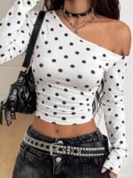 Elorivane Women Vintage Leopard Knit Top, Asymmetrical Neck Grommet Long Sleeve Stretchy Spring Summer Streetwear - Image 18
