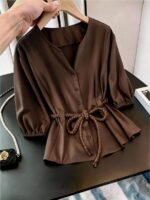 Elorivane Plus Size Brown Business Casual Top, Waist-Cinching, Office Brunch Evening Summer Blouse