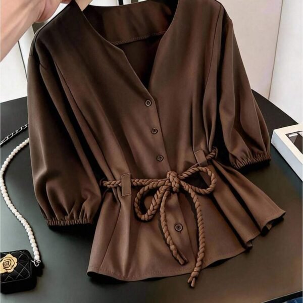 Elorivane Plus Size Brown Business Casual Top, Waist-Cinching, Office Brunch Evening Summer Blouse