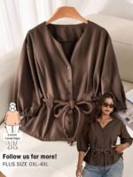 Elorivane Plus Size Brown Business Casual Top, Waist-Cinching, Office Brunch Evening Summer Blouse - Image 3