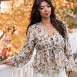 Elorivane Plus Size Blue Floral Blouse, V-Neck Tie Long Sleeve Top, Daily Commute Going Out Wear
