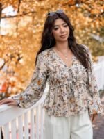 Elorivane Plus Size Blue Floral Blouse, V-Neck Tie Long Sleeve Top, Daily Commute Going Out Wear