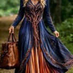 Elorivane Plus Size Washed Blue Heart Print Maxi Dress V-Neck Long Sleeve Vintage Western Boho Cowgirl Loose Dress for Fall Casual Wear