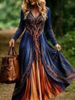 Elorivane Plus Size Washed Blue Heart Print Maxi Dress V-Neck Long Sleeve Vintage Western Boho Cowgirl Loose Dress for Fall Casual Wear