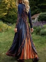 Elorivane Plus Size Washed Blue Heart Print Maxi Dress V-Neck Long Sleeve Vintage Western Boho Cowgirl Loose Dress for Fall Casual Wear - Image 2