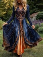 Elorivane Plus Size Washed Blue Heart Print Maxi Dress V-Neck Long Sleeve Vintage Western Boho Cowgirl Loose Dress for Fall Casual Wear - Image 3