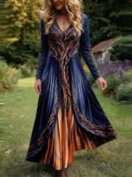 Elorivane Plus Size Washed Blue Heart Print Maxi Dress V-Neck Long Sleeve Vintage Western Boho Cowgirl Loose Dress for Fall Casual Wear - Image 4