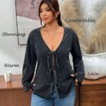 Elorivane Plus Size Black Washed Snowflake Long Sleeve Tee, Bow Tie Strap Top, Spring Autumn Casual Wear