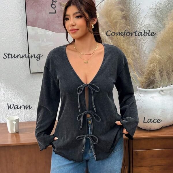 Elorivane Plus Size Black Washed Snowflake Long Sleeve Tee, Bow Tie Strap Top, Spring Autumn Casual Wear
