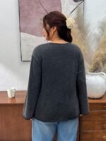 Elorivane Plus Size Black Washed Snowflake Long Sleeve Tee, Bow Tie Strap Top, Spring Autumn Casual Wear - Image 2