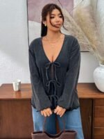 Elorivane Plus Size Black Washed Snowflake Long Sleeve Tee, Bow Tie Strap Top, Spring Autumn Casual Wear - Image 3