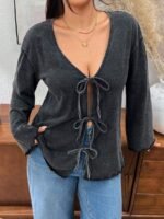 Elorivane Plus Size Black Washed Snowflake Long Sleeve Tee, Bow Tie Strap Top, Spring Autumn Casual Wear - Image 4