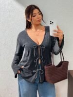 Elorivane Plus Size Black Washed Snowflake Long Sleeve Tee, Bow Tie Strap Top, Spring Autumn Casual Wear - Image 5