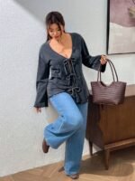 Elorivane Plus Size Black Washed Snowflake Long Sleeve Tee, Bow Tie Strap Top, Spring Autumn Casual Wear - Image 6