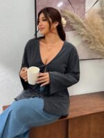 Elorivane Plus Size Black Washed Snowflake Long Sleeve Tee, Bow Tie Strap Top, Spring Autumn Casual Wear - Image 7