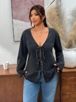 Elorivane Plus Size Black Washed Snowflake Long Sleeve Tee, Bow Tie Strap Top, Spring Autumn Casual Wear - Image 9