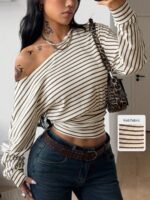Elorivane Women Green Striped Asymmetrical Shoulder Top, Stretchy Long Sleeve Y2K Streetwear Tee - Image 17