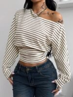 Elorivane Women Green Striped Asymmetrical Shoulder Top, Stretchy Long Sleeve Y2K Streetwear Tee - Image 19