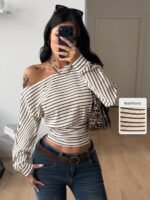Elorivane Women Green Striped Asymmetrical Shoulder Top, Stretchy Long Sleeve Y2K Streetwear Tee - Image 20