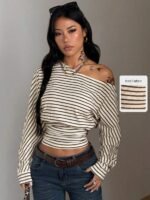 Elorivane Women Green Striped Asymmetrical Shoulder Top, Stretchy Long Sleeve Y2K Streetwear Tee - Image 18