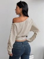 Elorivane Women Green Striped Asymmetrical Shoulder Top, Stretchy Long Sleeve Y2K Streetwear Tee - Image 21