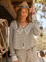 Elorivane Women Plaid Floral Collared Top, Button Front Long Sleeve Western Cowgirl Fall Winter Festival Shirt