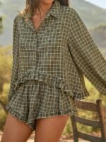 Elorivane Women Plaid Matching Set, Button Down Shirt & Ruffle Shorts Western Cowgirl Summer Fall Festival Outfit - Image 2