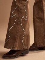 Elorivane Women Black Studded Flared Denim Jeans, High Rise Western Cowgirl Fall Winter Rodeo Festival Pants - Image 17