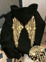 Elorivane Women's Black Glitter Hoodie, Rhinestone Wing Design Cute Casual Sweatshirt for Autumn Back To School - Image 28