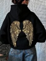 Elorivane Women's Black Glitter Hoodie, Rhinestone Wing Design Cute Casual Sweatshirt for Autumn Back To School - Image 29