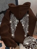 Elorivane Women's Black Glitter Hoodie, Rhinestone Wing Design Cute Casual Sweatshirt for Autumn Back To School - Image 33