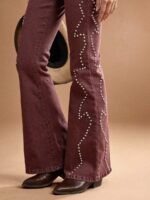 Elorivane Women Black Studded Flared Denim Jeans, High Rise Western Cowgirl Fall Winter Rodeo Festival Pants - Image 22