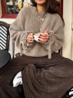 Elorivane Women's Vintage Knit Sweater, Loose Minimalist Style with Bow Tie Cuffs for Autumn Winter - Image 2