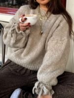 Elorivane Women's Vintage Knit Sweater, Loose Minimalist Style with Bow Tie Cuffs for Autumn Winter - Image 4