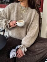 Elorivane Women's Vintage Knit Sweater, Loose Minimalist Style with Bow Tie Cuffs for Autumn Winter
