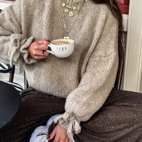 Elorivane Women's Vintage Knit Sweater, Loose Minimalist Style with Bow Tie Cuffs for Autumn Winter