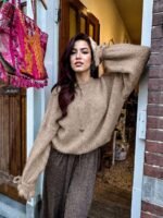 Elorivane Women's Vintage Knit Sweater, Loose Minimalist Style with Bow Tie Cuffs for Autumn Winter - Image 5