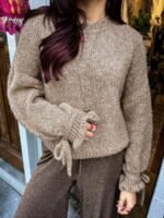 Elorivane Women's Vintage Knit Sweater, Loose Minimalist Style with Bow Tie Cuffs for Autumn Winter - Image 3