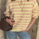 Elorivane Soft Knit Sweater, Yellow Purple Contrast Stripes, Round Neck Loose Slouchy Style, Gentle Youthful Autumn Winter Top