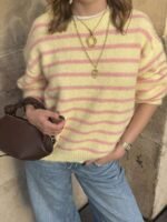 Elorivane Soft Knit Sweater, Yellow Purple Contrast Stripes, Round Neck Loose Slouchy Style, Gentle Youthful Autumn Winter Top