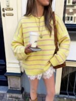Elorivane Soft Knit Sweater, Yellow Purple Contrast Stripes, Round Neck Loose Slouchy Style, Gentle Youthful Autumn Winter Top - Image 4