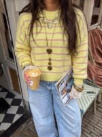 Elorivane Soft Knit Sweater, Yellow Purple Contrast Stripes, Round Neck Loose Slouchy Style, Gentle Youthful Autumn Winter Top - Image 3