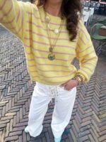 Elorivane Soft Knit Sweater, Yellow Purple Contrast Stripes, Round Neck Loose Slouchy Style, Gentle Youthful Autumn Winter Top - Image 2
