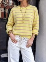 Elorivane Soft Knit Sweater, Yellow Purple Contrast Stripes, Round Neck Loose Slouchy Style, Gentle Youthful Autumn Winter Top - Image 5
