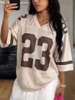 Elorivane Unisex Khaki Number Graphic T-Shirt, Loose V-Neck Y2K Streetwear Short Sleeve Top - Image 15